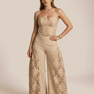 Strapless Eyelet Top & Wide Leg Pants Set